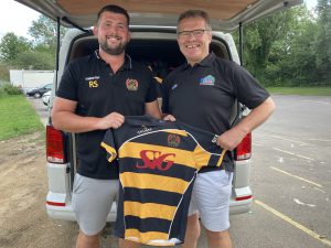 SOS Kit Aid rep Andy Deacon with Ryan Stephens of Coney Hill RFC